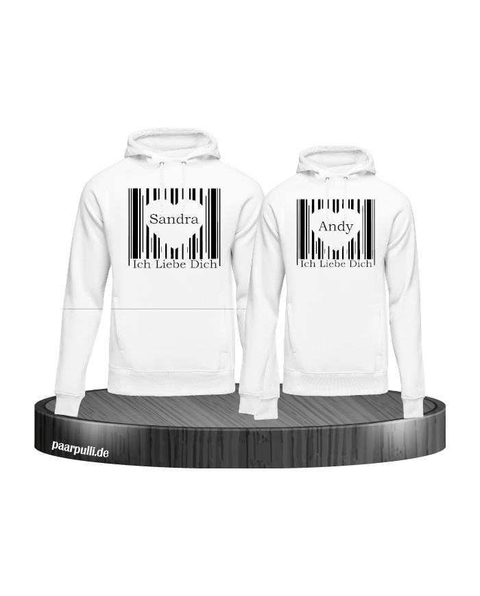 Weißes Hoodie Set bedruckt mit einem Barcode Design in Herzchen Form