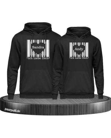 Schwarzes Hoodie Set bedruckt mit einem Barcode Design in Herzchen Form