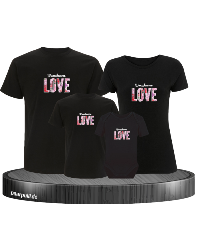 Love Flower mit Wunschname 4er Familienset T-Shirts mit Babybody