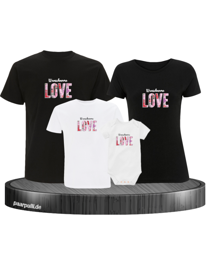 Love Flower mit Wunschname 4er Familienset T-Shirts mit Babybody