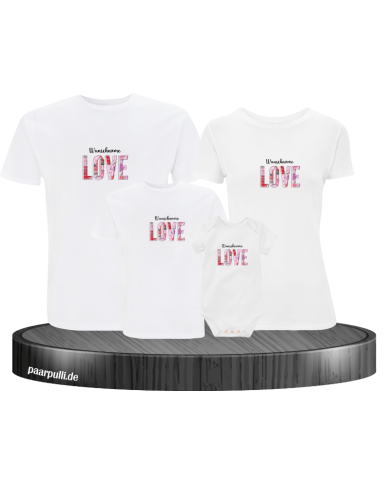 Love Flower mit Wunschname 4er Familienset T-Shirts mit Babybody