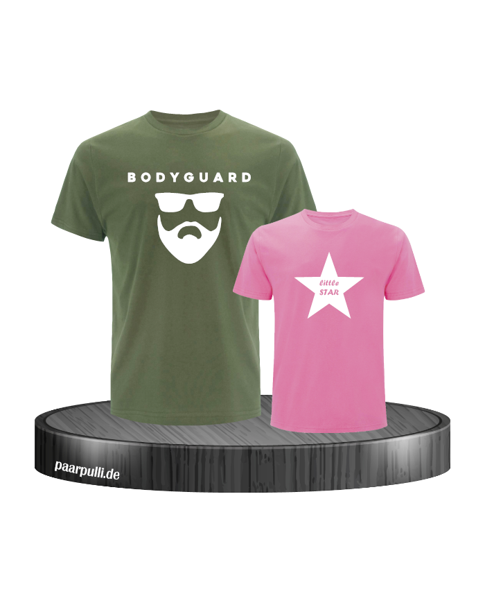 Bodyguard und little Star bedruckt auf T-Shirts vater und tochter in den farben khaki rosa