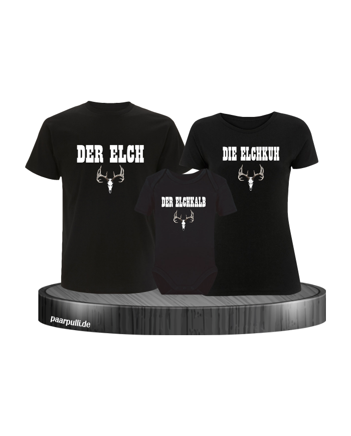Das Elchen Familie 3er Familien T-Shirts mit Baby Body Schwarz