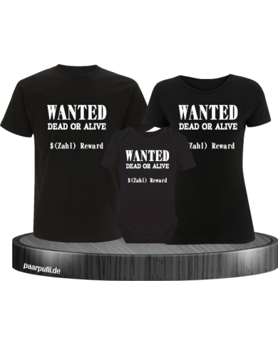 Wanted 3er Familienset T-Shirts mit  Babybody Schwarz Wanted 3er Familienset T-Shirts mit  Babybody Schwarz