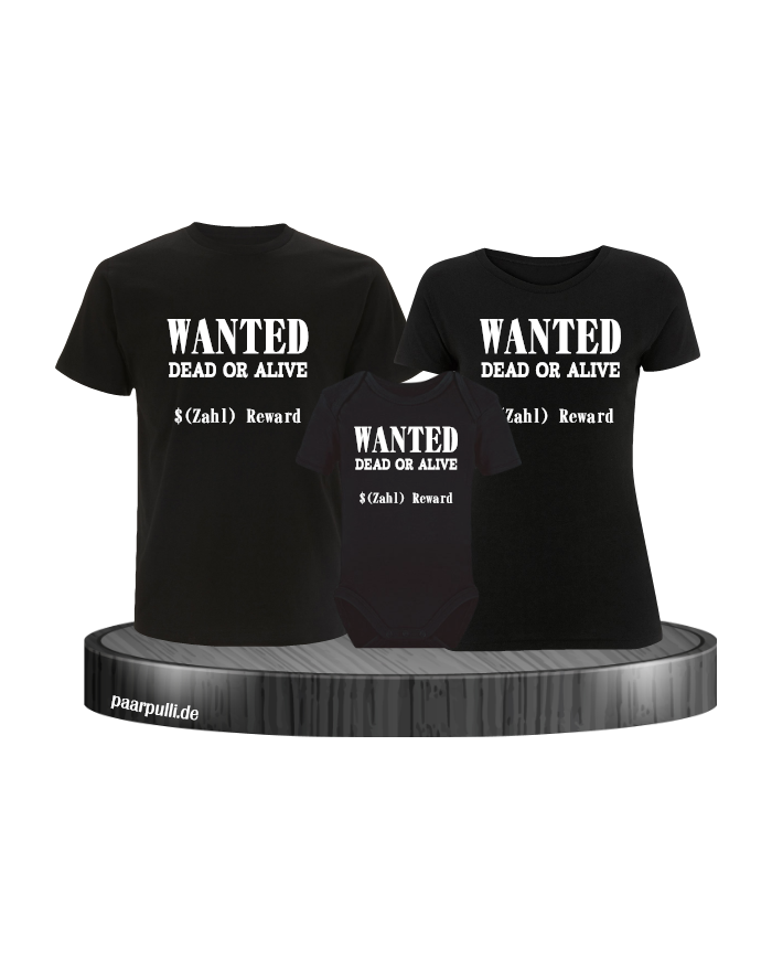 Wanted 3er Familienset T-Shirts mit  Babybody Schwarz