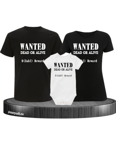 Wanted 3er Familienset T-Shirts mit  Babybody Schwarz-weis Wanted 3er Familienset T-Shirts mit  Babybody Schwarz-weis