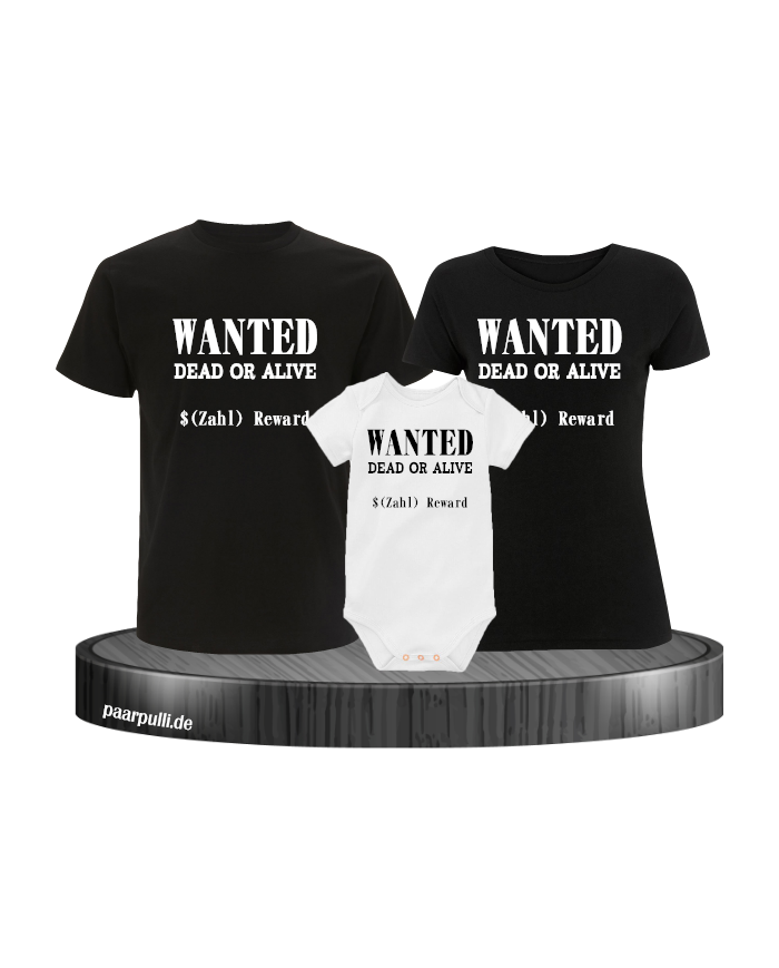 Wanted 3er Familienset T-Shirts mit  Babybody Schwarz-weis