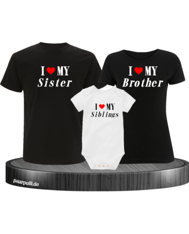 I Love My 3er Familienset T-Shirts mit  Babybody Schwarz-Weiß I Love My 3er Familienset T-Shirts mit  Babybody Schwarz-Weiß