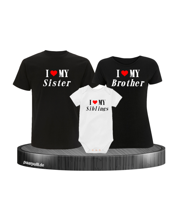 I Love My 3er Familienset T-Shirts mit  Babybody Schwarz-Weiß
