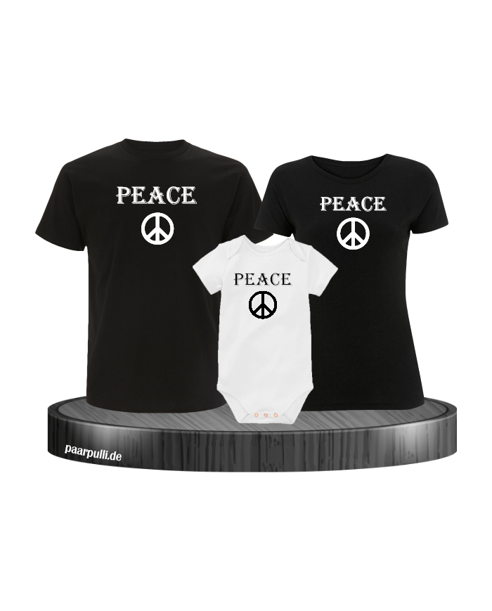 Peace 3er Familienset T-Shirts mit  Babybody Schwarz-Weiß