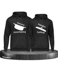 schwarze Pullis bedruckt mit schwarzer Folienbeschriftung Tencere und Kapak