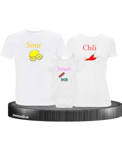 Sour Chilli Sweet 3er Familienset T-Shirts mit Baby Body Weiß Sour Chilli Sweet 3er Familienset T-Shirts mit Baby Body Weiß
