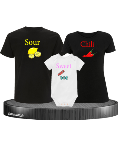 Sour Chilli Sweet 3er Familienset T-Shirts mit Baby Body Schwarz-Weiß Sour Chilli Sweet 3er Familienset T-Shirts mit Baby Body Schwarz-Weiß