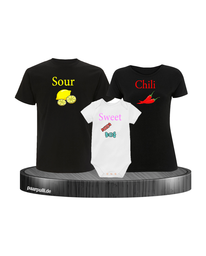 Sour Chilli Sweet 3er Familienset T-Shirts mit Baby Body Schwarz-Weiß