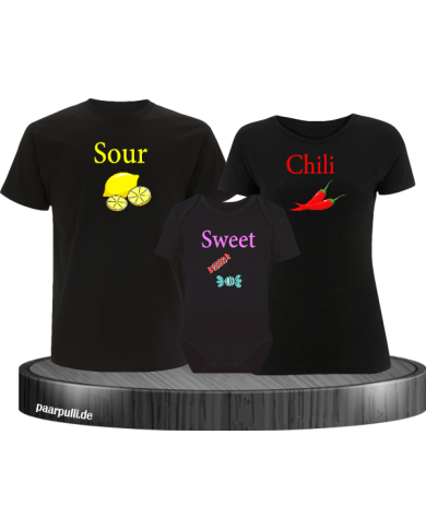 Sour Chili Sweet 3er Familienset T-Shirts mit Baby Body Schwarz Sour Chili Sweet 3er Familienset T-Shirts mit Baby Body Schwarz