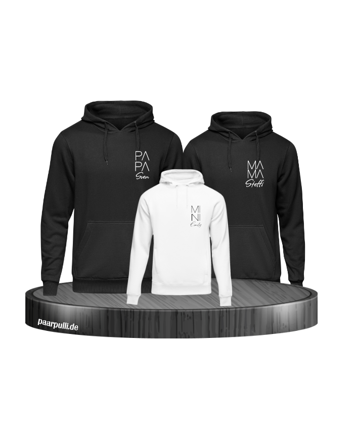 Papa Mama Mini 3er Set Familienlook Hoodie Set in Schwarz-Weiß