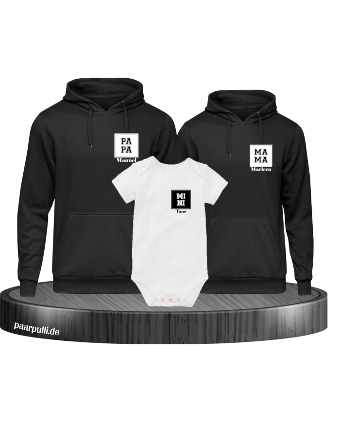 Papa Mama Mini mit Personalisierte Namen Set schwarz-weiß