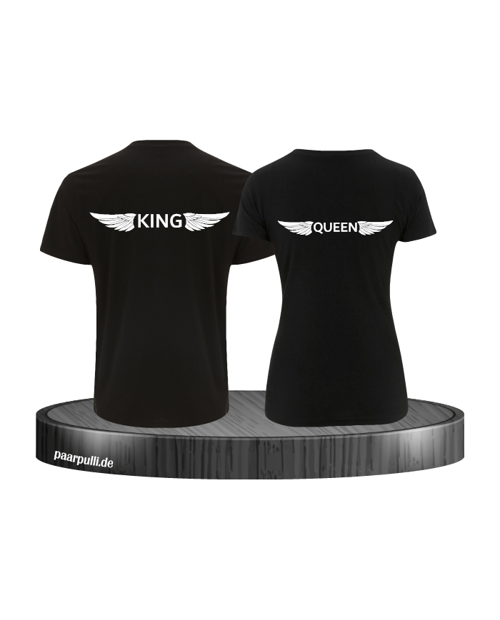 King und Queen Partnerlook Shirts mit Engelsflügel bedruckt in schwarz