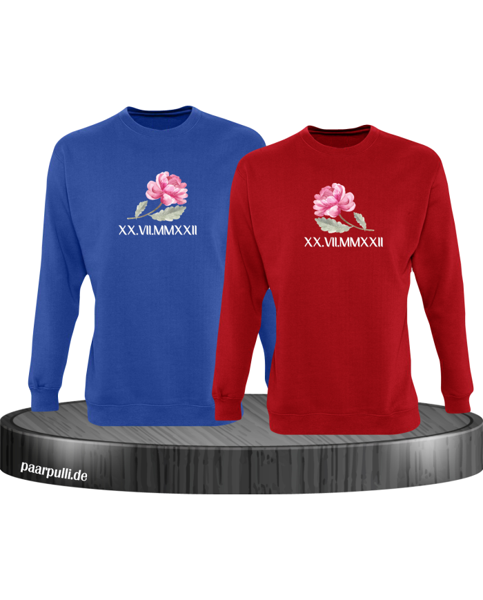 Rose mit Wunschdatum in römischen Zahlen blau-rot
