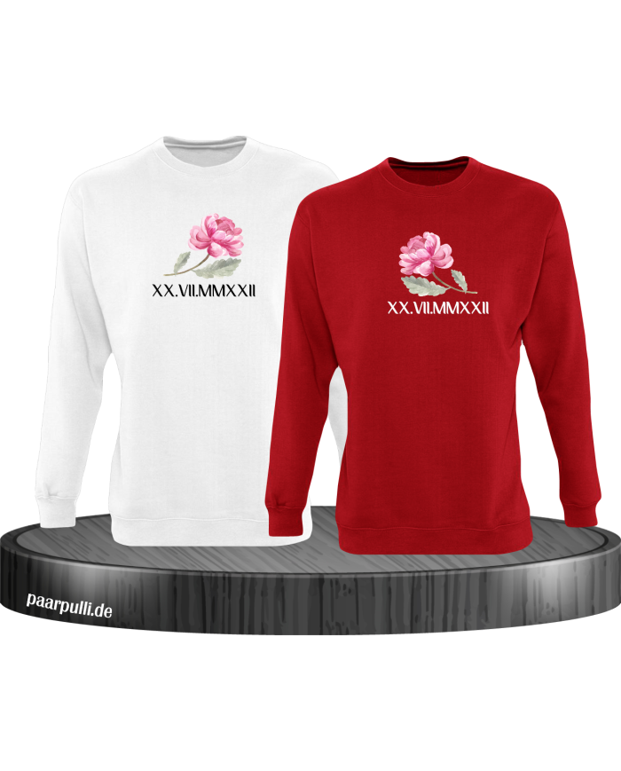 Rose mit Wunschdatum in römischen Zahlen weiß-rot