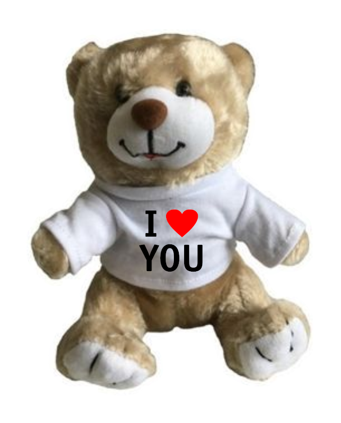 Kuscheltier bedruckt mit I Love You Herz