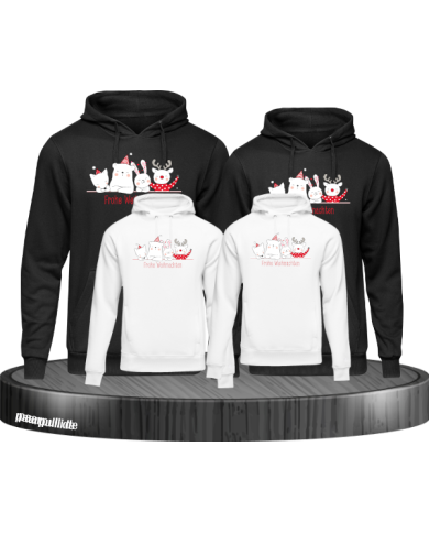 Frohe Weihnachten süße Tiere 4er Set Familienlook Hoodie schwarz weiß
