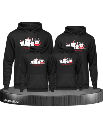 Frohe Weihnachten süße Tiere 4er Set Familienlook Hoodie schwarz