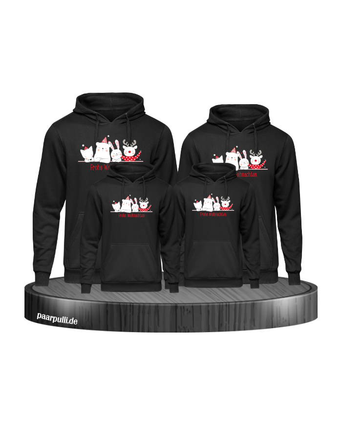 Frohe Weihnachten süße Tiere 4er Set Familienlook Hoodie schwarz