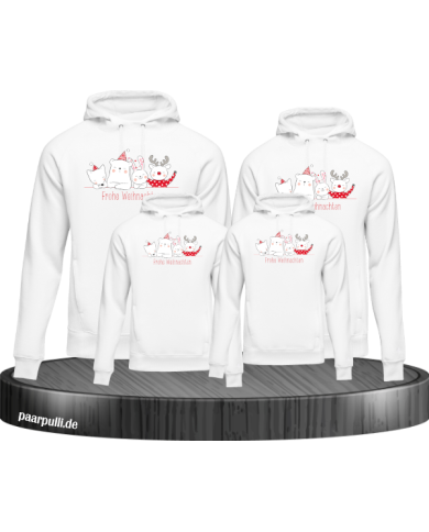 Frohe Weihnachten süße Tiere 4er Set Familienlook Hoodie weiß