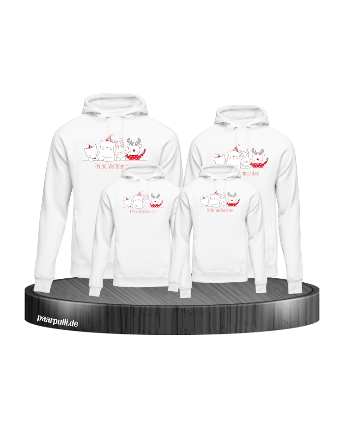 Frohe Weihnachten süße Tiere 4er Set Familienlook Hoodie weiß