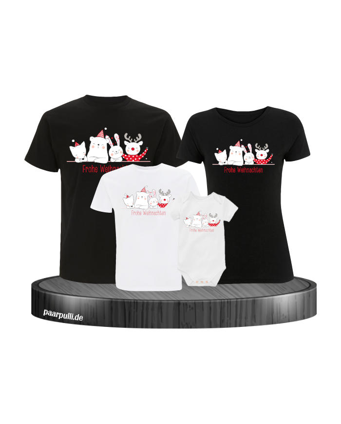 Weihnachten Familie Frohe Weihnachten 4er Set T-Shirts + Babybody Partnerlook schwarz weiß
