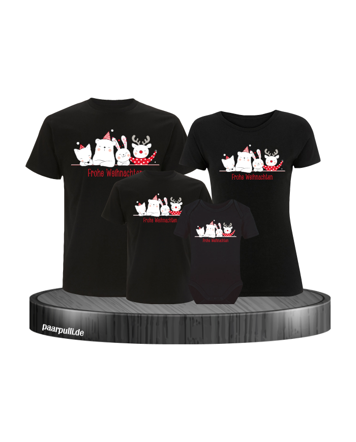 Weihnachten Familie Frohe Weihnachten 4er Set T-Shirts + Babybody Partnerlook schwarz