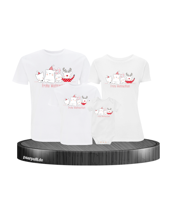 Weihnachten Familie Frohe Weihnachten 4er Set T-Shirts + Babybody Partnerlook weiß