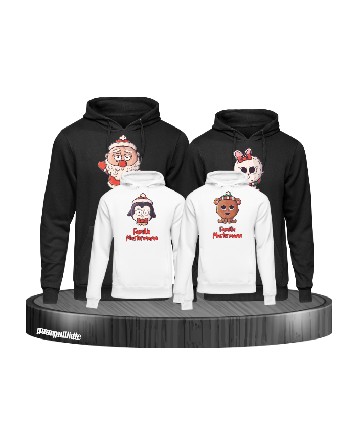 Weihnachten süße Tiere Mit Wunschname 4er Set Familienlook Hoodie schwarz weiß