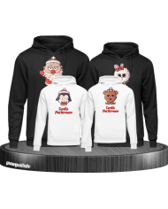 Weihnachten süße Tiere Mit Wunschname 4er Set Familienlook Hoodie schwarz weiß