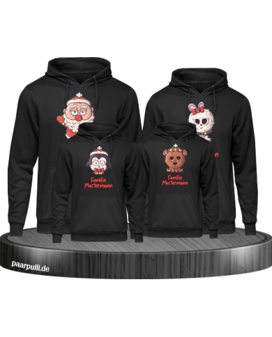 Weihnachten süße Tiere Mit Wunschname 4er Set Familienlook Hoodie schwarz