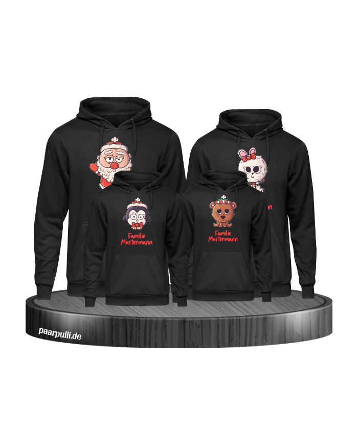 Weihnachten süße Tiere Mit Wunschname 4er Set Familienlook Hoodie schwarz
