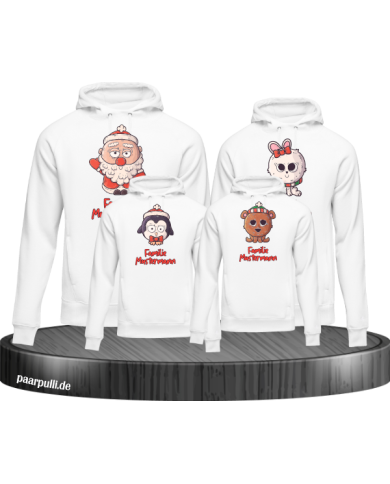 Weihnachten süße Tiere Mit Wunschname 4er Set Familienlook Hoodie weiß