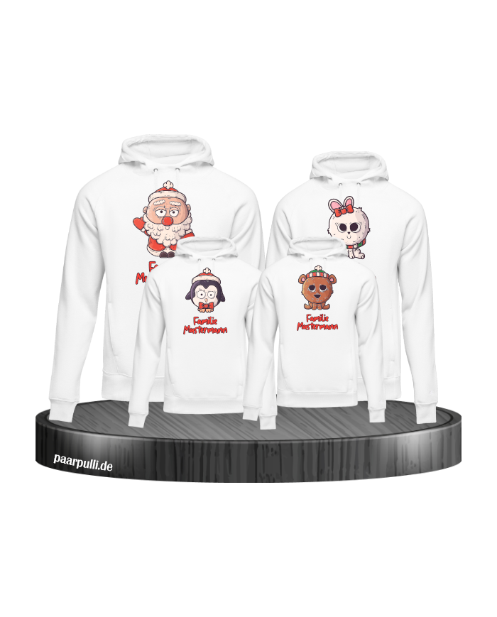 Weihnachten süße Tiere Mit Wunschname 4er Set Familienlook Hoodie weiß