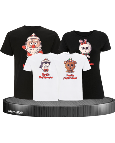 Weihnachten süße Tiere Mit Wunschname 4er Set Familienlook T-Shirt schwarz weiß Weihnachten süße Tiere Mit Wunschname 4er Set Familienlook T-Shirt schwarz weiß