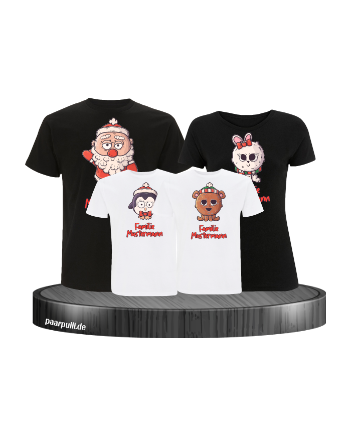 Weihnachten süße Tiere Mit Wunschname 4er Set Familienlook T-Shirt schwarz weiß