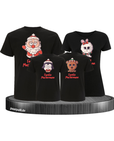 Weihnachten süße Tiere Mit Wunschname 4er Set Familienlook T-Shirt schwarz Weihnachten süße Tiere Mit Wunschname 4er Set Familienlook T-Shirt schwarz