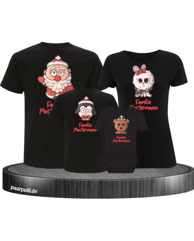Weihnachten süße Tiere Mit Wunschname 4er Set Familienlook T-Shirt + Babybody schwarz Weihnachten süße Tiere Mit Wunschname 4er Set Familienlook T-Shirt + Babybody schwarz
