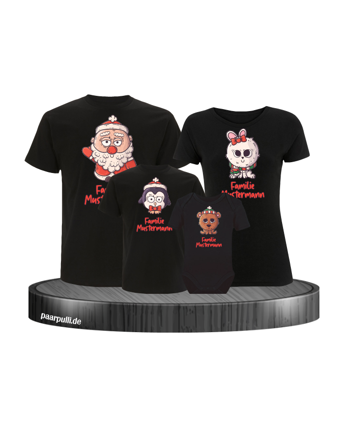 Weihnachten süße Tiere Mit Wunschname 4er Set Familienlook T-Shirt + Babybody schwarz