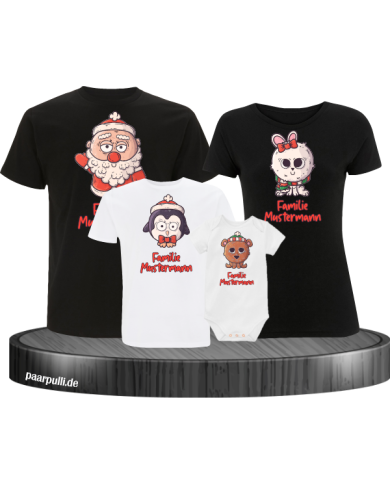 Weihnachten süße Tiere Mit Wunschname 4er Set Familienlook T-Shirt + Babybody schwarz weiß Weihnachten süße Tiere Mit Wunschname 4er Set Familienlook T-Shirt + Babybody schwarz weiß