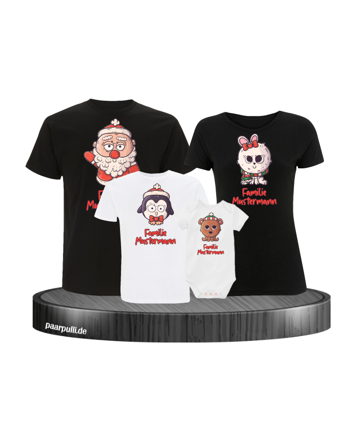 Weihnachten süße Tiere Mit Wunschname 4er Set Familienlook T-Shirt + Babybody schwarz weiß