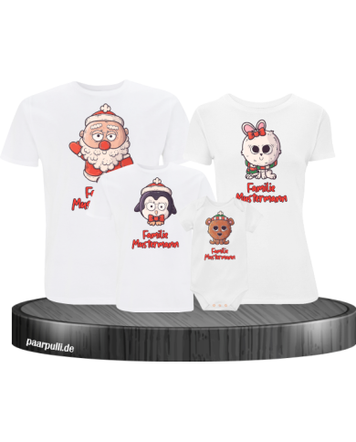 Weihnachten süße Tiere Mit Wunschname 4er Set Familienlook T-Shirt + Babybody weiß