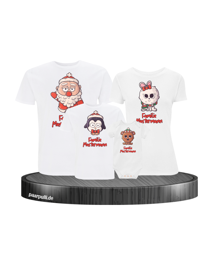 Weihnachten süße Tiere Mit Wunschname 4er Set Familienlook T-Shirt + Babybody weiß