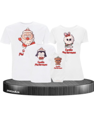 Weihnachten süße Tiere Mit Wunschname 4er Set Familienlook T-Shirt + Babybody weiß