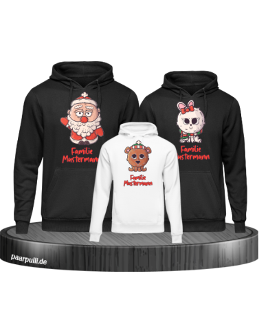 Weihnachten süße Tiere Mit Wunschname 3er Set Familienlook Hoodie schwarz weiß